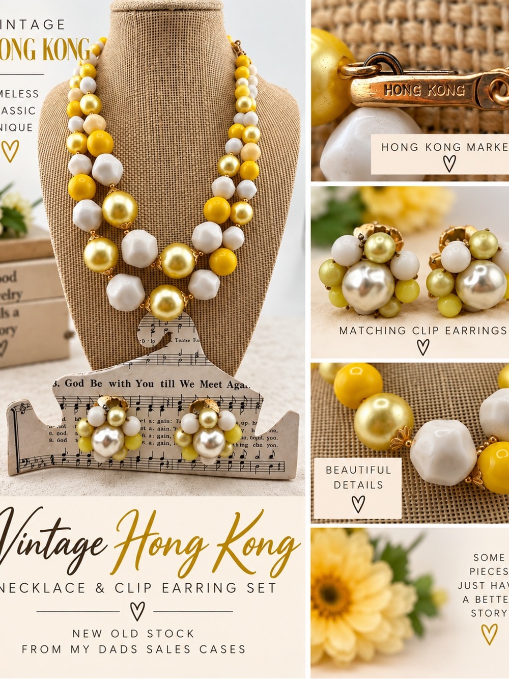 Vintage Hong Kong Beaded Necklace & Matching Clip Earrings - New Old Stock